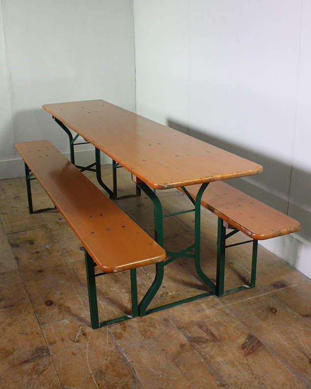 German Folding Tables and Benches - Brown tops with Green legs