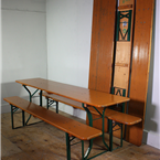 German Folding Tables and Benches - Brown tops with Green legs